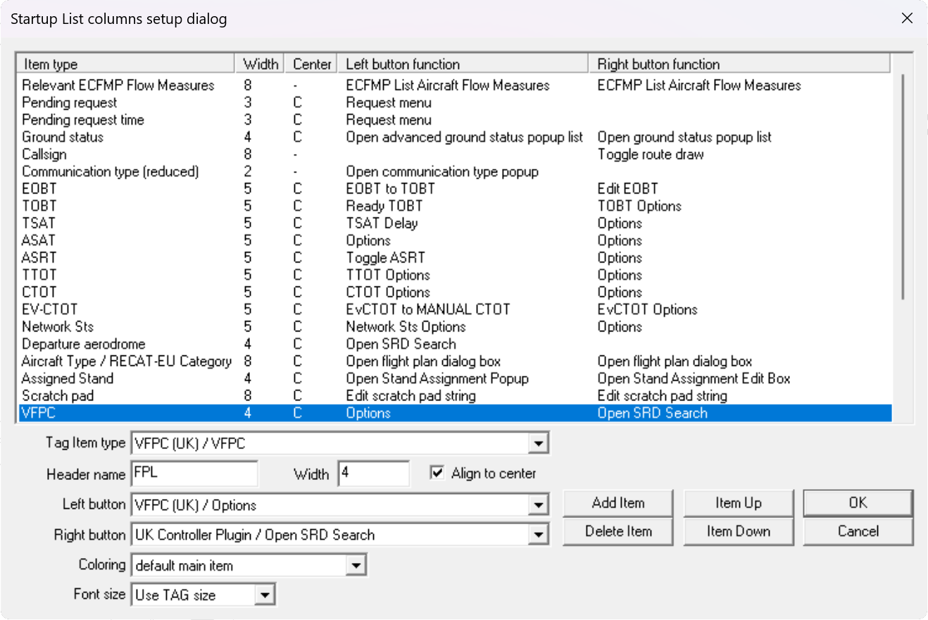 Departure List columns setup dialog